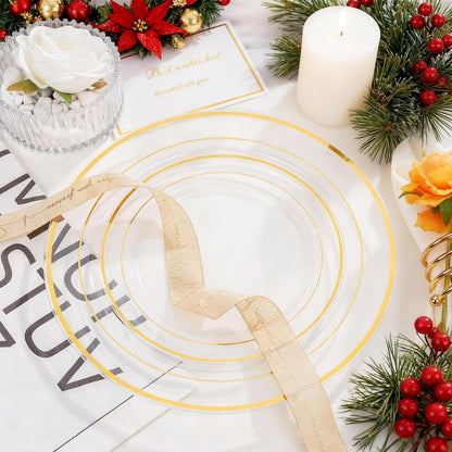 I00000 102 Pieces Gold Plastic Plates, Disposable Party Plates White Gold Rim, 51 Disposable Gold Dinner Plates 10.25 Inch and 51 Disposable Dessert Appetizer Elegant Fancy Wedding Plates 7.5 Inch