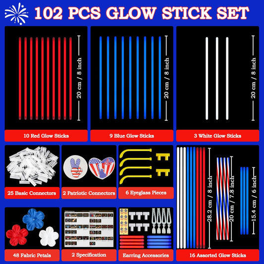 JOYIN 4th of July Patriotic Glow Stick Glasses Necklace Bracelets Headbands Earrings Accessories, Red White Blue Light Up Sticks Glow in the Dark Party Supplies for Independence Day Parade Celebration