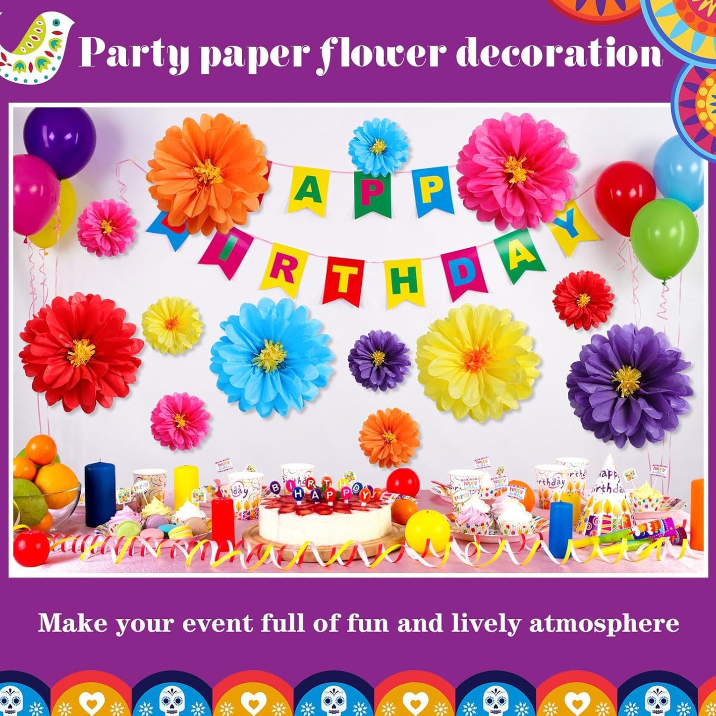 Watersay 12 Pcs 10" 20" Giant Mexican Fiesta Paper Flowers Colorful Tissue Crepe Flowers Pom Poms Craft for Floral Party Backdrop Wedding Birthday Party (Dusty Color)