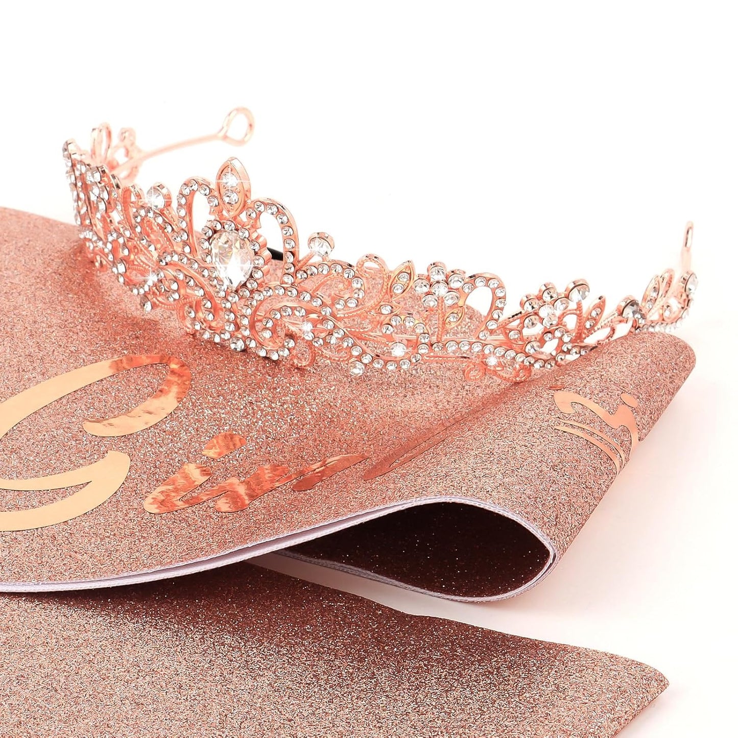 CIEHER Birthday Girl Crown and Sash - Rose Gold Tiara Birthday Decorations for Women and Girls