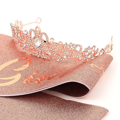 CIEHER Birthday Girl Crown and Sash - Rose Gold Tiara Birthday Decorations for Women and Girls