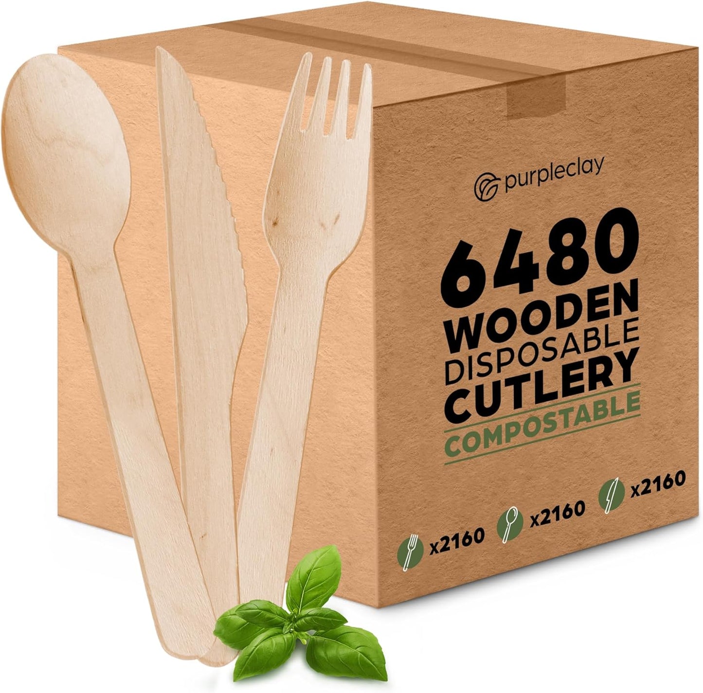 PURPLECLAY Wooden Disposable Utensils Set, 360 PCS Compostable Silverware (120 Forks, 120 Spoons, 120 Knives) Eco Friendly, Plastic-Free Cutlery for Parties & Catering, Alternative to Bamboo Utensils