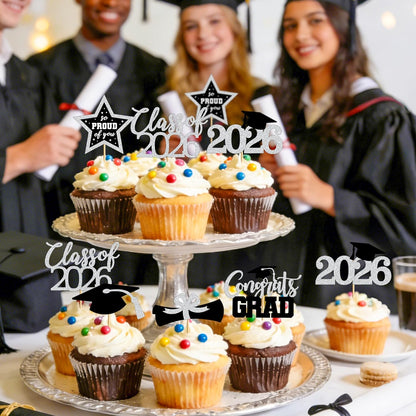 48 PCS Graduation Cupcake Toppers, Glittery 6 Styles Congrats Grad Cake Topper, Black and Red Graduation Decorations 2026, Cap and Diploma Cake Picks for Grad Party Supplies