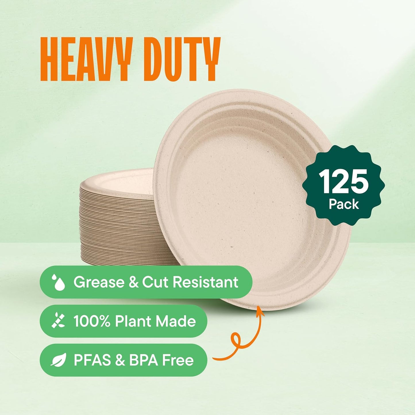 100% Compostable Paper Plates, Heavy Duty Disposable Plates [125-Pack] 9 Inch Plates - Eco-Friendly, Biodegradable Sugarcane Bagasse, Natural Unbleached Brown 9" Dinner Paper Plate Disposable