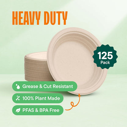 100% Compostable Paper Plates, Heavy Duty Disposable Plates [125-Pack] 9 Inch Plates - Eco-Friendly, Biodegradable Sugarcane Bagasse, Natural Unbleached Brown 9" Dinner Paper Plate Disposable