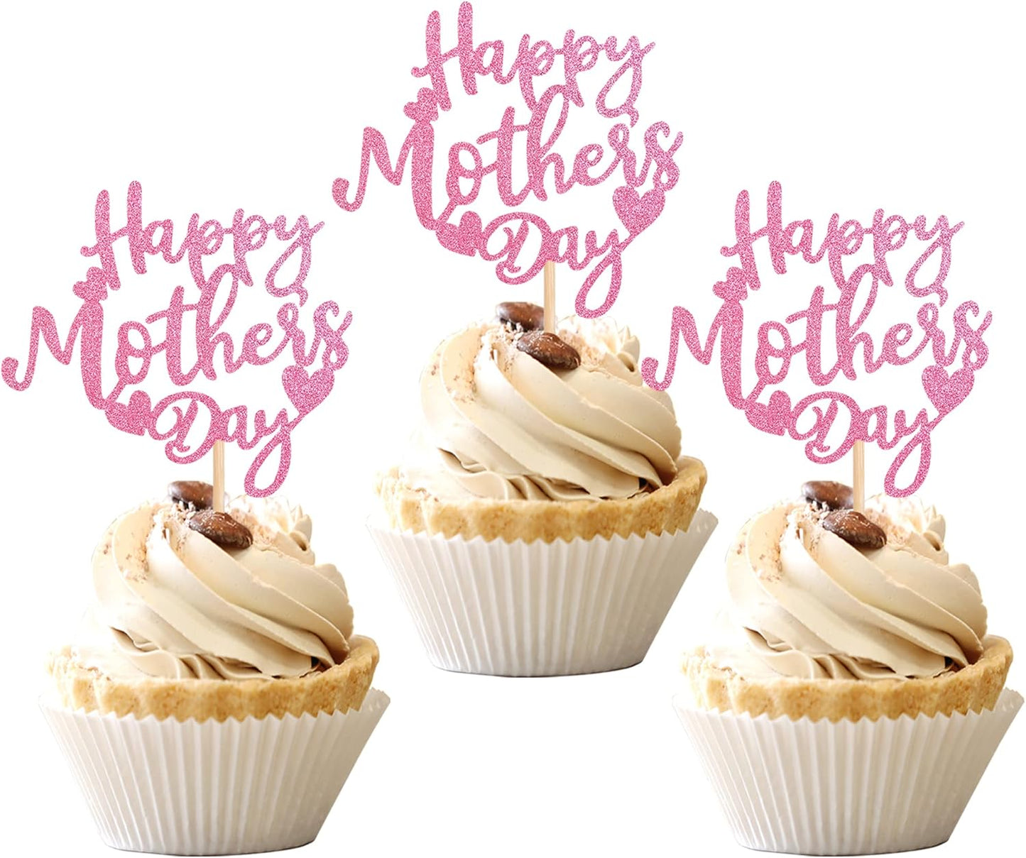 24 PCS Happy Mother's Day Cupcake Toppers with Glitter Heart Love Mother Best Mom Cupcake Picks for Happy Mother's Day Theme Women Birthday Party Cake Decorations Supplies Rose Gold