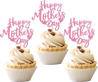 24 PCS Happy Mother's Day Cupcake Toppers with Glitter Heart Love Mother Best Mom Cupcake Picks for Happy Mother's Day Theme Women Birthday Party Cake Decorations Supplies Rose Gold