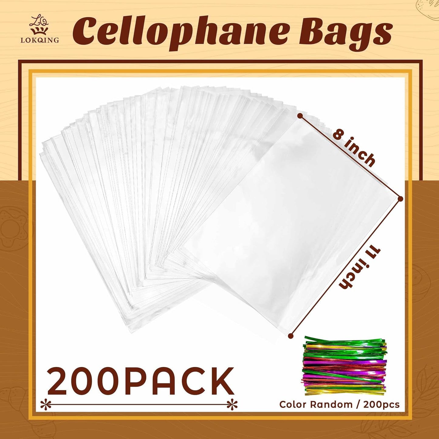 LOKQING Clear Cellophane Treat Bags 6 x 10 in, 100 Pack Mothers Day Gift Bags with Twist Ties, Bags for Cookies, Candy, Party Favors, Bakery Packaging and Small Gifts