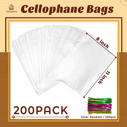 LOKQING Clear Cellophane Treat Bags 6 x 10 in, 100 Pack Mothers Day Gift Bags with Twist Ties, Bags for Cookies, Candy, Party Favors, Bakery Packaging and Small Gifts