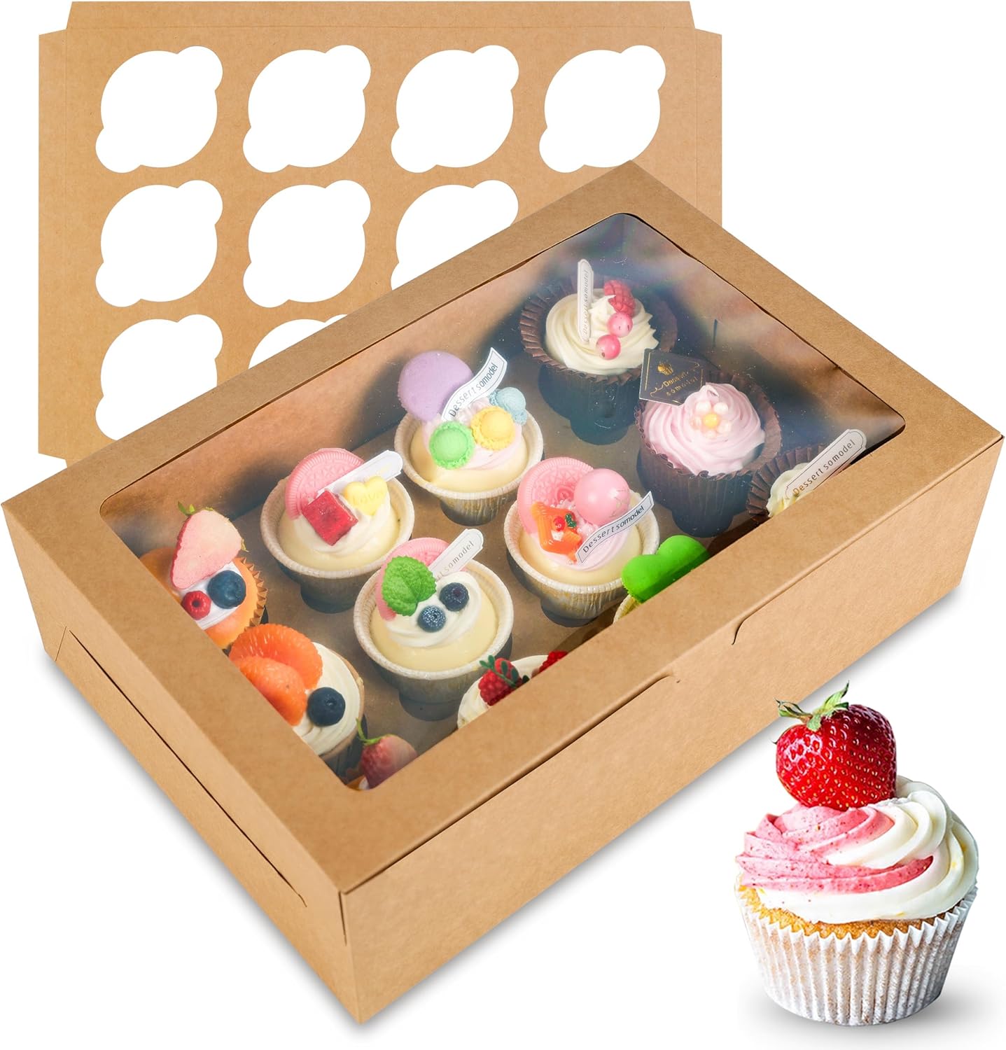 NPLUX 6 Pack Cupcake Boxes, 12 Count Cupcake Containers with Window and Cardborad, Food Grade Cupcake Carrier For Muffins Cupcakes Desserts (White 13.8×9.5×4 In)