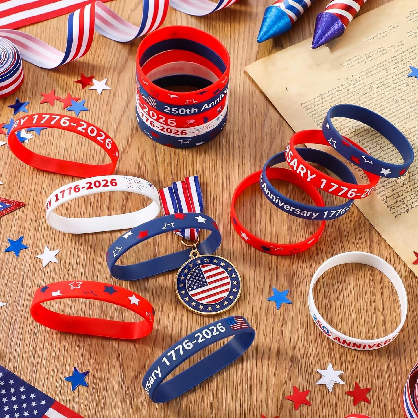 Kenning 50/100/200 Pcs 250th Anniversary Silicone Bracelets Bulk USA 4th of July Patriotic Wristband 1776-2026 American Flag Rubber Bracelet for Independence Day Party Favors Souvenirs(100 Pcs)