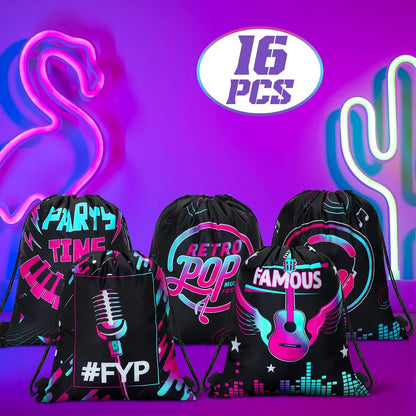 Funtery 32 Pcs Glow Party Drawstring Bags Glow Party Favors Neon Birthday Treat Bags for Teens Social Media Theme Gifts School Travel Supplies, 11.81 x 9.84 Inch