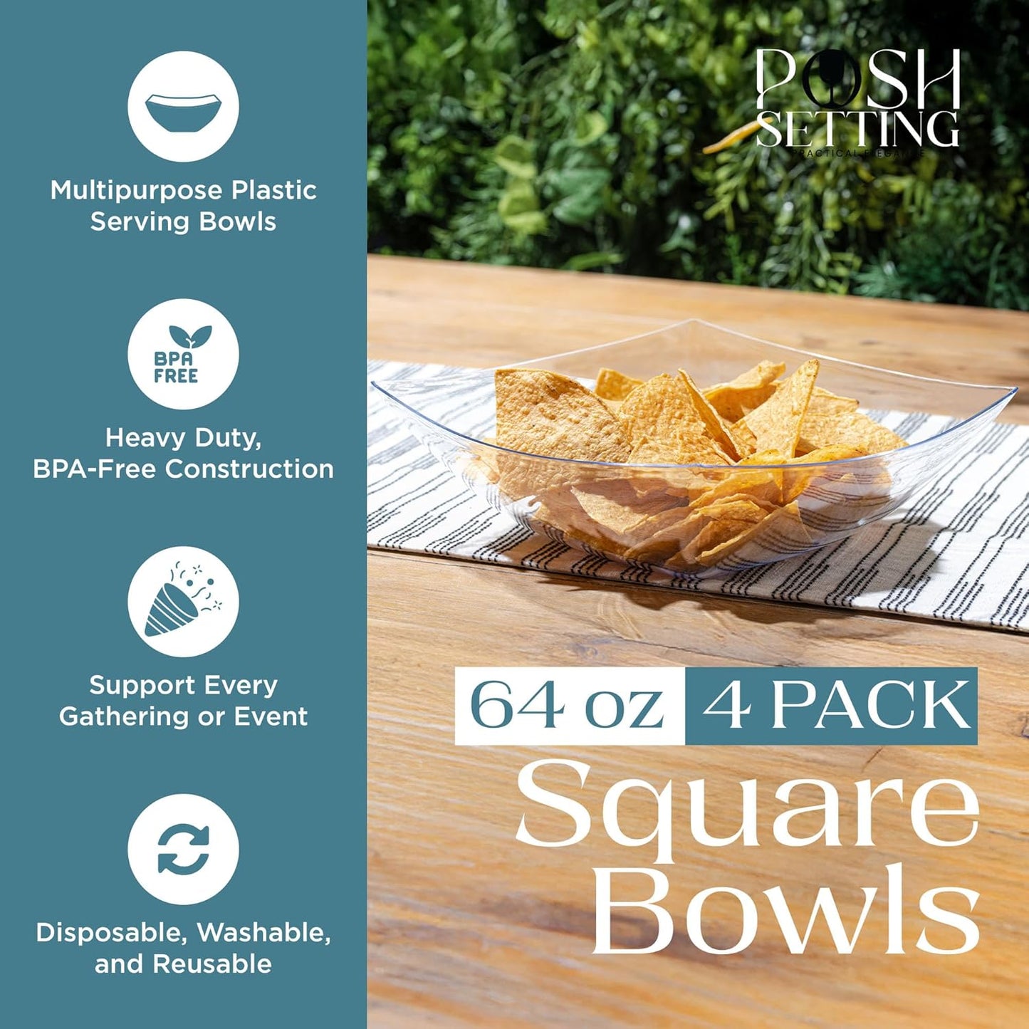 Posh Setting - Clear Plastic Serving Bowls for Party (8oz - 4 Pack) Square, Disposable, Salad & Fruit Bowls for Party Table, Candy Containers for Candy Buffet