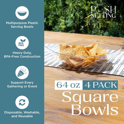 Posh Setting - Clear Plastic Serving Bowls for Party (8oz - 4 Pack) Square, Disposable, Salad & Fruit Bowls for Party Table, Candy Containers for Candy Buffet