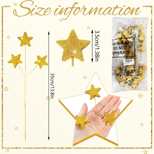 Wavwavw 24 Pcs Glitter Star Picks 13.8'' Sparkly Star Stem Picks Decoration Foam Vase Sticks Centerpiece Table Craft Vase Filler for Wreath Birthday Wedding Bridal Shower Arrangement(Gold)