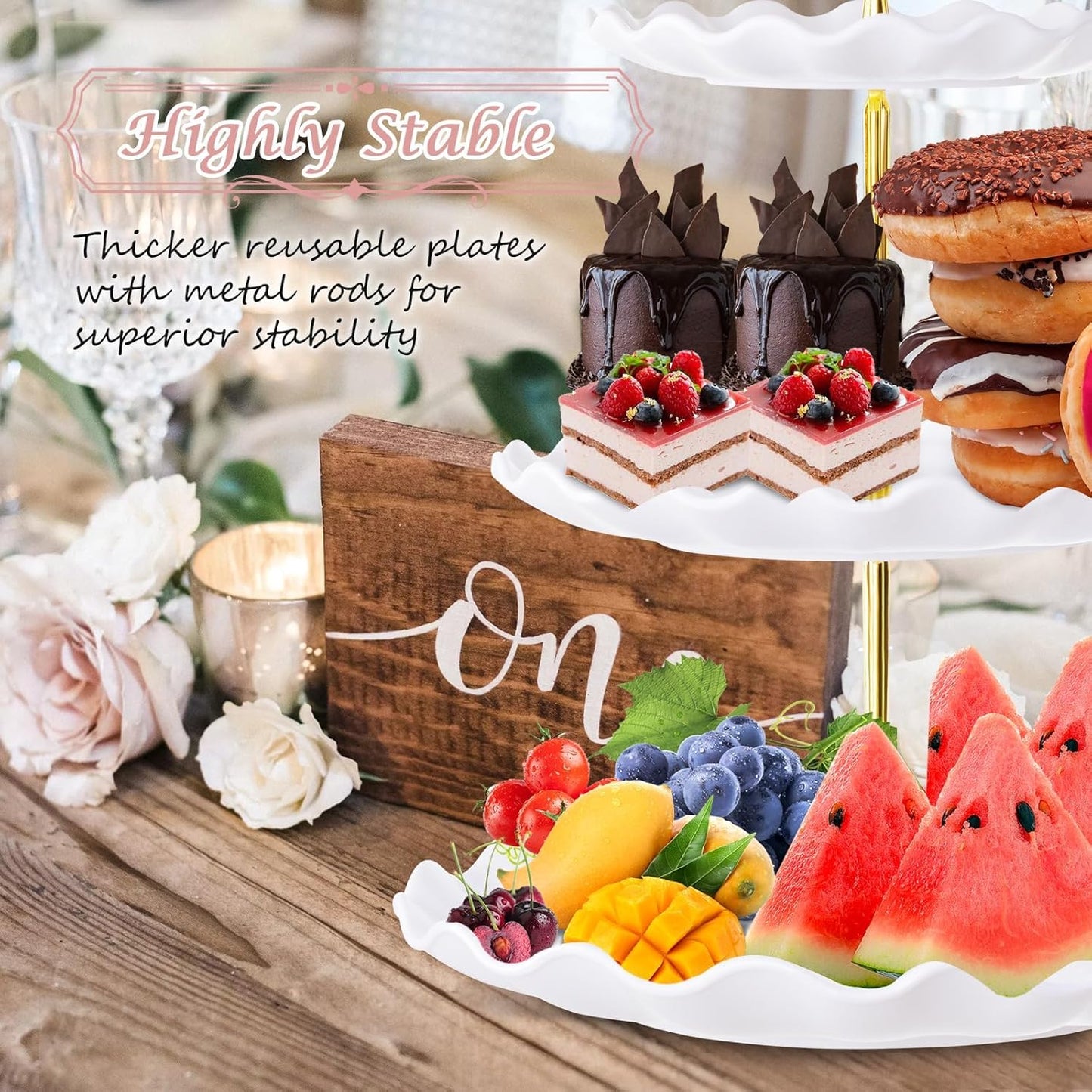 PinCute 5 Pcs Dessert Table Display Set - 2 X Cupcake Stand Holder/Cup Cake Tier Tower & 3 X Serving Tray Combo for Tea Party, Birthday, Baby Shower (Wave Square)