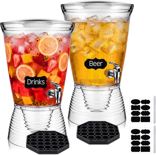Nuenen 2 Sets of 2.6 Gallon Beverage Dispensers for Parties, Clear Plastic Drink Juice Dispensers with Spigot and Drip Tray Beverage Water Fountains for Wedding Birthday Party Cold Hot Drinks