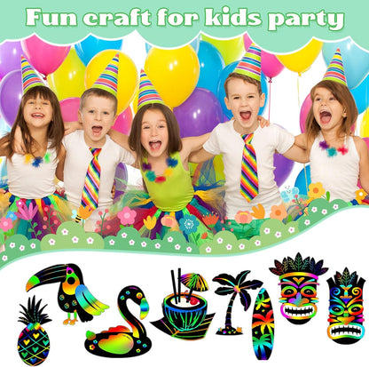 Motionchic 80 Pieces Hawaiian Luau Party Scratch Cards Rainbow Tropical Party Paper Crafts for Kids with Wooden Stick and Ribbon for Summer Birthday Party Tiki Party Supplies