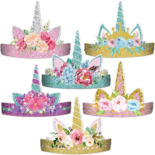 chiazllta 12 Pieces Unicorn Birthday Party Hats Unicorn Paper Party Crown Headbands for Girls, Gold Silver Horn Unicorn Theme Decorations Favor Supplies, 6 styles