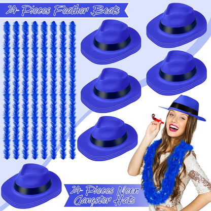 JaGely 48 Pieces Neon Party Supplies 24 Neon Gangster Hats 24 Pcs Feather Boas for Wedding Glow Party Supplies Birthday Props