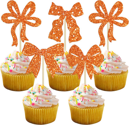 Ephlyn 24Pcs Pink Bow Cupcake Toppers Bow Birthday Cake Topper Girls Birthday Party Decorations Bowknot Cupcake Decorations for Bridal Wedding Themed Party Multi