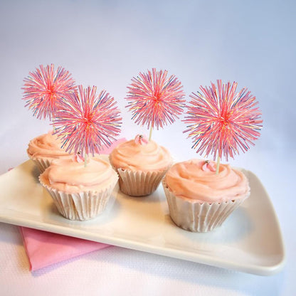 Ephlyn 30Pcs Foil Firework Cupcake Toppers Sparkle Tinsel Cupcake Picks Drink Stirrers Cocktail Food Fruit Toothpicks for Baby Shower Graduation Party Supplies White