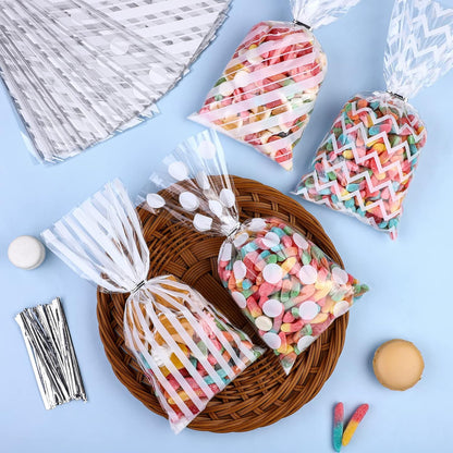 Aodaer 100 Pieces 10.6 x 5.1 In White Cellophane Bags Plastic Candy Gift Bag Cellophane Treat Bags with Twist Ties Stripes Polka Dot Printed Pattern Goodie Bag for Birthday Weddings Party Favors
