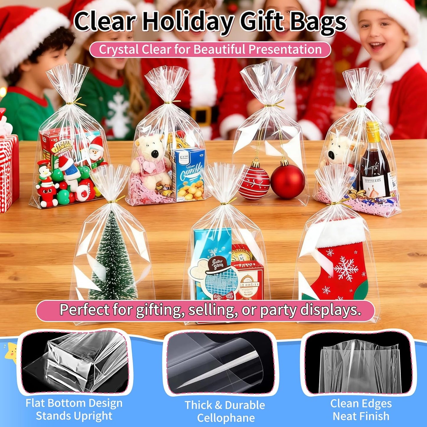 Soarvita 7x10 Inch Cellophane Treat Bags, 50 Pcs Clear Gift Bags with Bottom Gusset for Stand-Up Display, Cellophane Gift Wrap with 60 Gold Ties for Goodies, Treats, Candy, Party Favors, Toys
