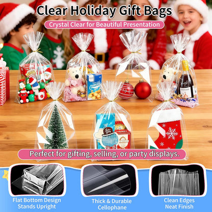 Soarvita 7x10 Inch Cellophane Treat Bags, 50 Pcs Clear Gift Bags with Bottom Gusset for Stand-Up Display, Cellophane Gift Wrap with 60 Gold Ties for Goodies, Treats, Candy, Party Favors, Toys