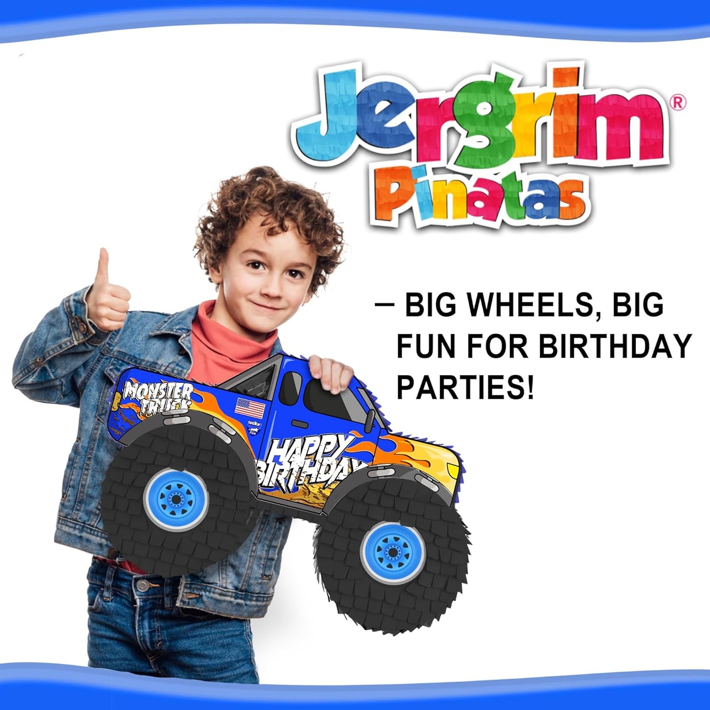 Jergrim Blue Monster Truck Piñata, Small 4 Piece Set, perfect for Kids Birthday Parties, Race Car Party Supplies fits piñata candy and party favors (17”X11”) Durable!