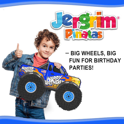 Jergrim Blue Monster Truck Piñata, Small 4 Piece Set, perfect for Kids Birthday Parties, Race Car Party Supplies fits piñata candy and party favors (17”X11”) Durable!