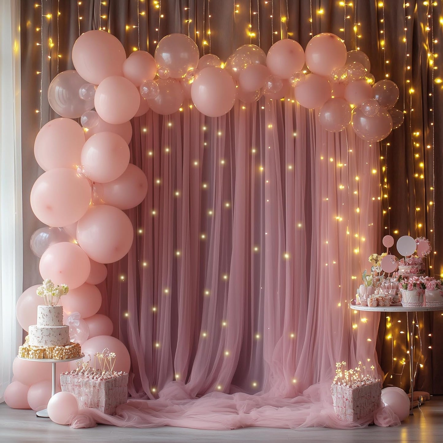 Fomcet Tulle Backdrop Curtains with Lights String White 10FT X 8FT Sheer Curtain with Lights Tulle Curtains Backdrop for Wedding Birthday Party Baby Shower Photo Shoot (2 Panels 5x8FT)