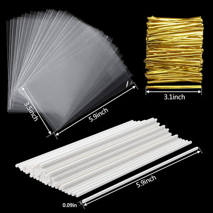 Augshy 300Pcs 6 Inch Cake Pops Making Tools - 100Pcs Cake Pop Sticks, Bags and Twist Ties