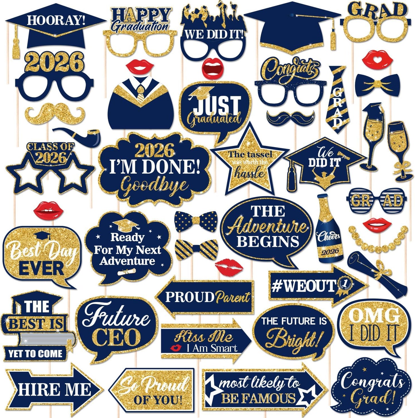 46Pcs Blue Gold Graduation Photo Booth Props 2026 Graduation Decorations with Sticks Class of 2026 Grad Party Favors Supplies for High School & College