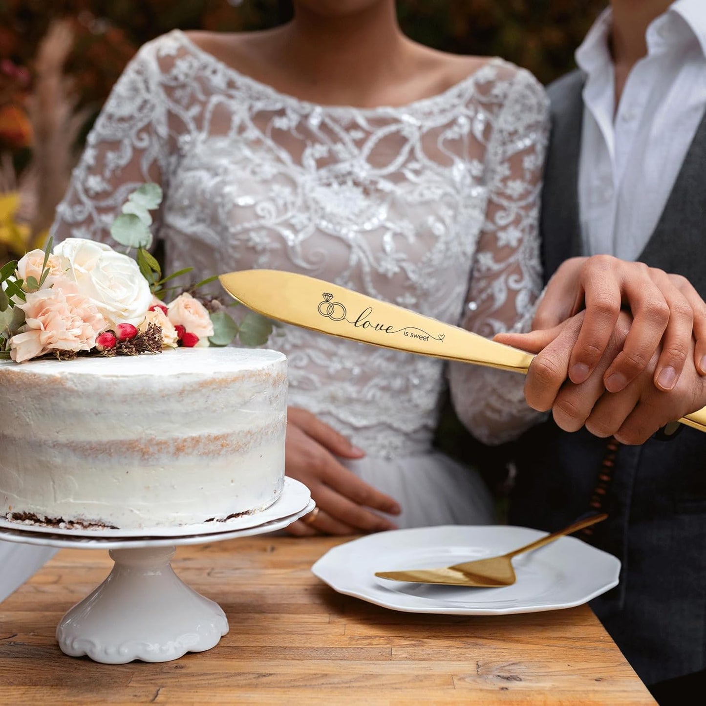 Wedding Cake Knife and Server Set, Bride Groom Mr and Mrs Champagne Flutes Glasses, Cake Cutting Set for Wedding with Forks, Bridal Shower Gifts Wedding Anniversary Engagement Gifts