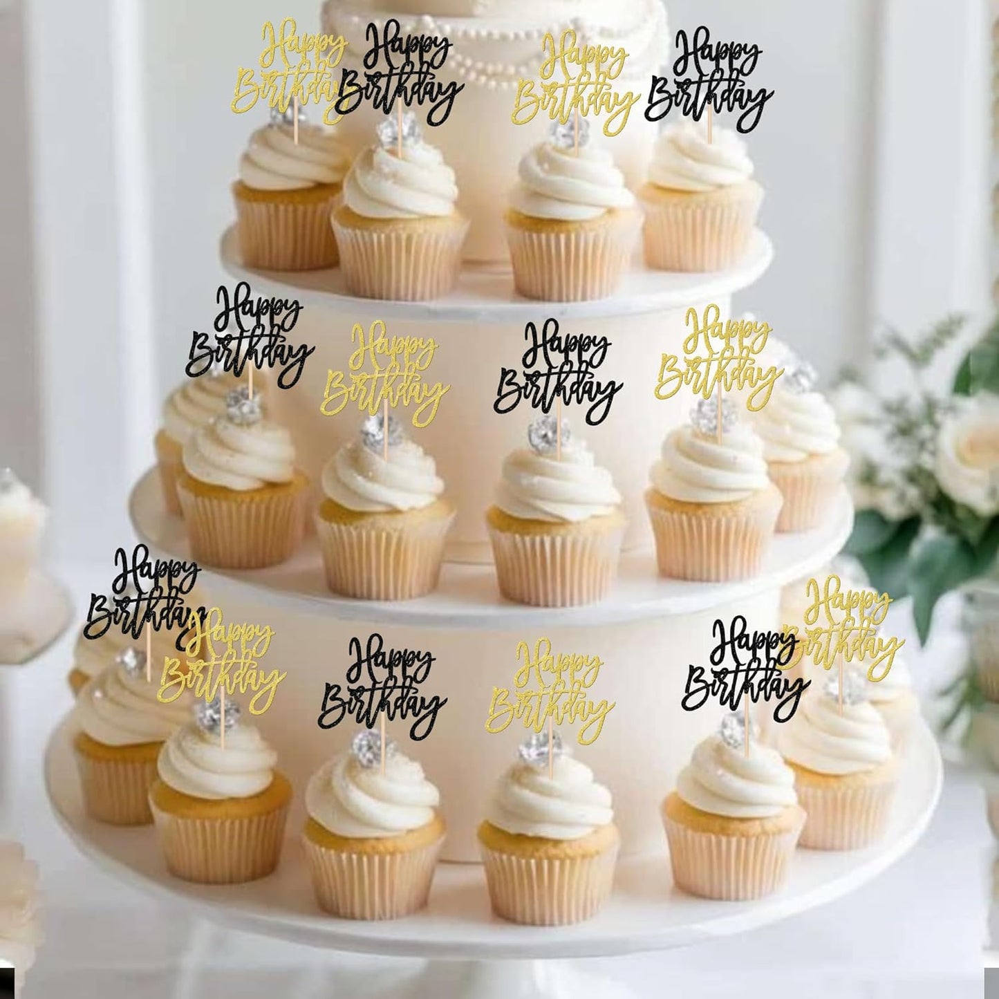 24 PCS Happy Birthday Cupcake Toppers Glitter Picks for Celebrating Anniversary Theme Party Cake Decorations Supplies Gold