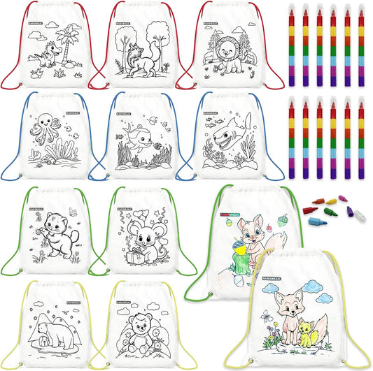 12 PCS Colorable Drawstring Backpack for kids with 12 stackable crayons (7 Colors Each), Perfect for return gifts, birthday goodie bags and art party favor bags for kids