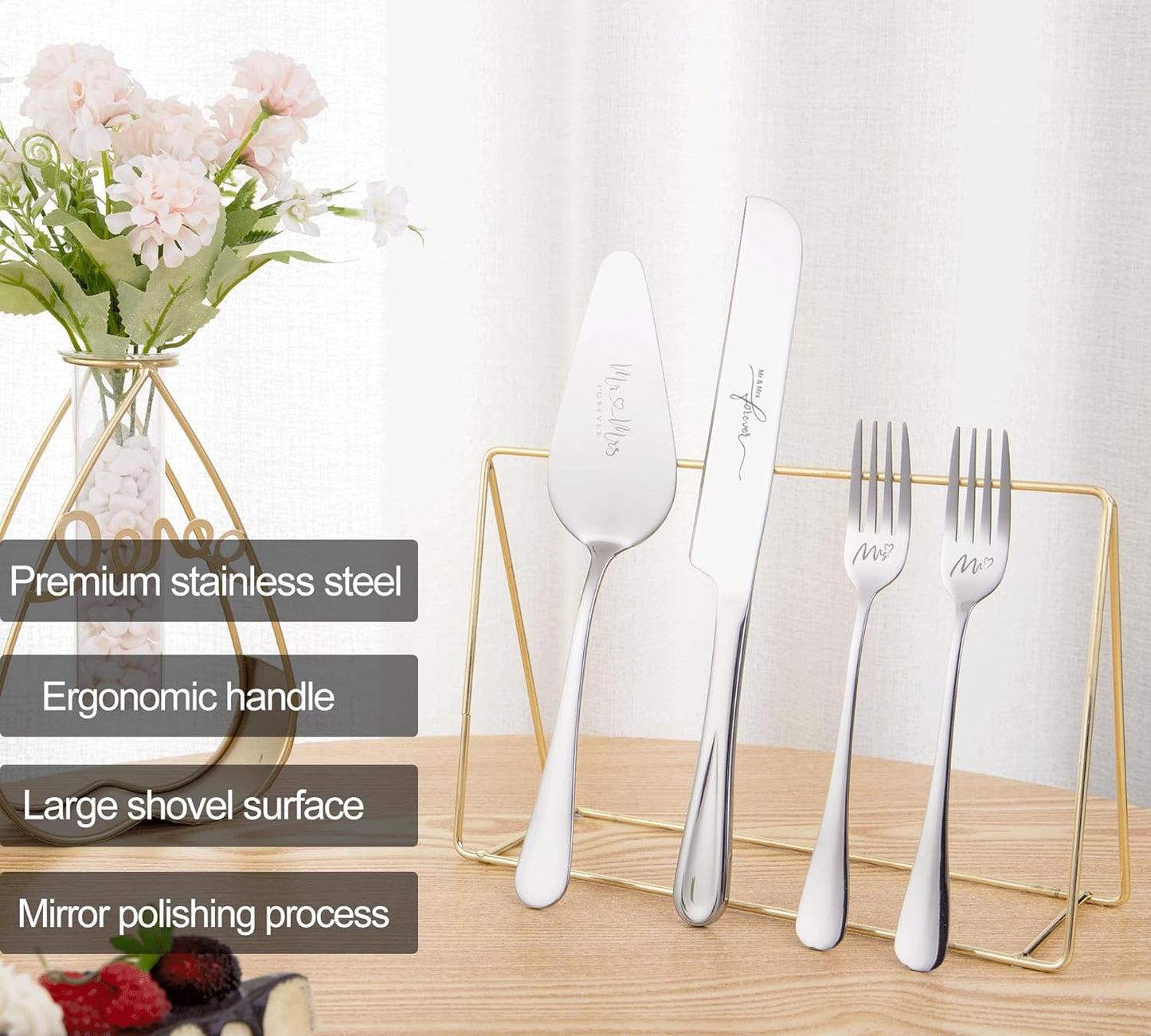 4 Pieces Wedding Cake Knife and Server Set, Stainless Steel Mr and Mrs Cake Cutter and Forks for Wedding, Birthday, Bridal Shower Gifts for Couples (Rose Gold)