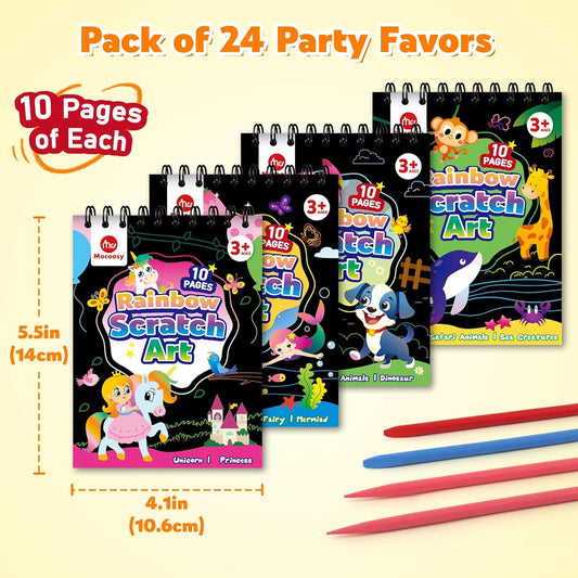 Mocoosy 24 Pack Scratch Art Party Favors for Kids Ages 4-8-12, Birthday Goodie Bag Stuffers, Rainbow Scratch Notebook Bulk, Coloring Books Art Craft Supplies Toddler Boy Girl Gifts Classroom Prizes