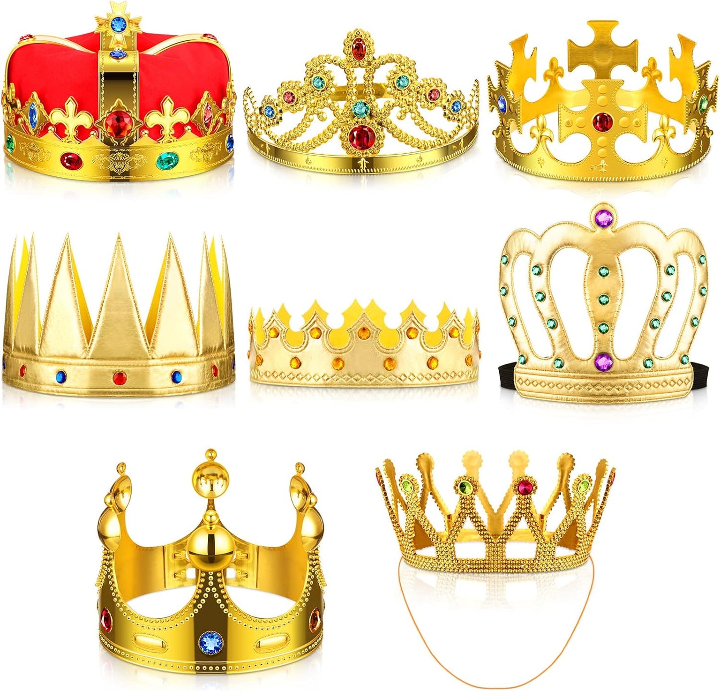 Yingzhao 8 Pcs Royal King Crown for Kid Plastic Queen Prince Princess Crown Jeweled Costume Accessory for Adult Boy Girl (Gold)