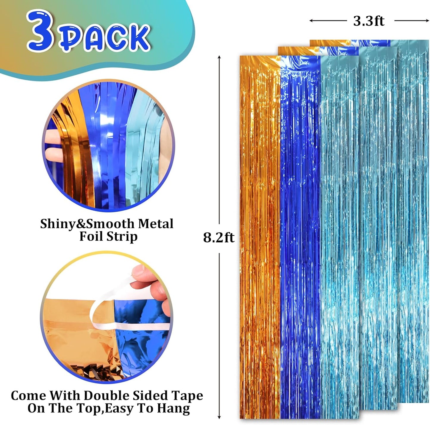Voircoloria 3 Pack 3.3x8.2 Feet Gold Foil Fringe Backdrop Curtains, Tinsel Streamers, Fringe Backdrop for 2025 New Years Eve, Graduation, Birthday, Baby Shower, Gender Reveal, Disco Party - Colors B