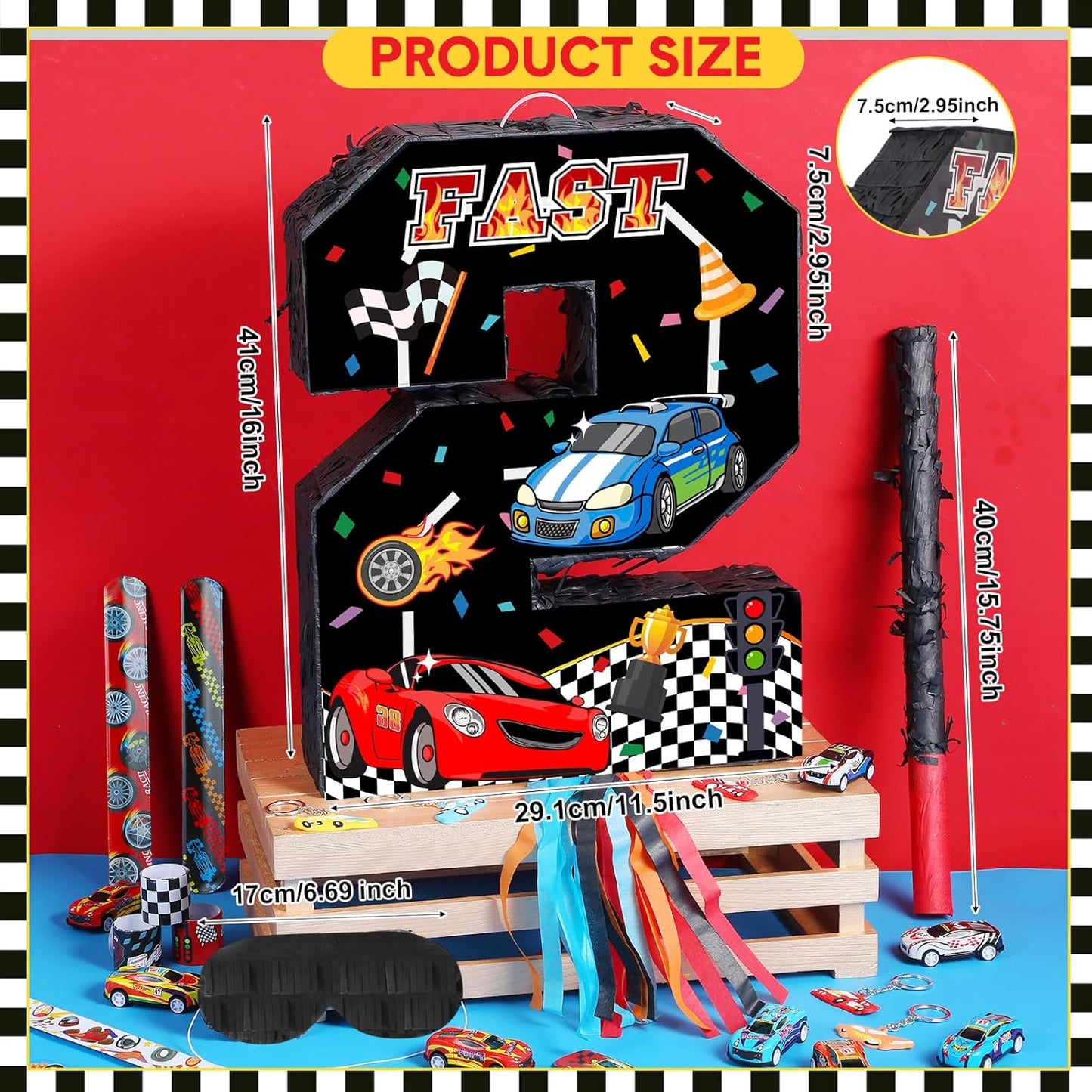 Pasimy Number 3 Piñata Race Car Party Favors Set with Black Red Birthday Piñata Stick Blindfold Slap Bracelet Keychain Sticker Racecar Party Gifts Birthday Decorations Goodie Bag Stuffer Supplies