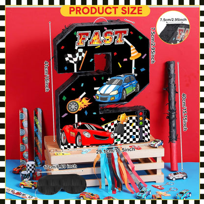 Pasimy Number 3 Piñata Race Car Party Favors Set with Black Red Birthday Piñata Stick Blindfold Slap Bracelet Keychain Sticker Racecar Party Gifts Birthday Decorations Goodie Bag Stuffer Supplies