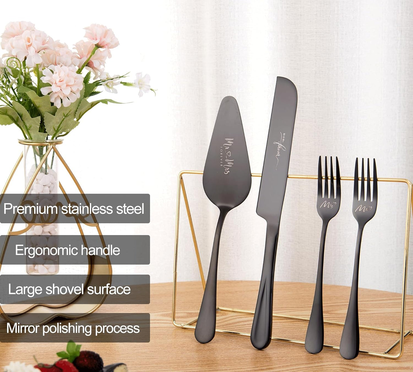 4 Pieces Wedding Cake Knife and Server Set, Stainless Steel Mr and Mrs Cake Cutter and Forks for Wedding, Birthday, Bridal Shower Gifts for Couples (Rose Gold)