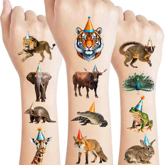 Watercolor Wildlife Jungle Animal Temporary Tattoos | Colorful Wildlife Animal Birthday Party Decorations Party Favors Supplies Accessories Stickers Gift Idea Kids Teen Boy Girl Adult 60Pcs Pre-cut