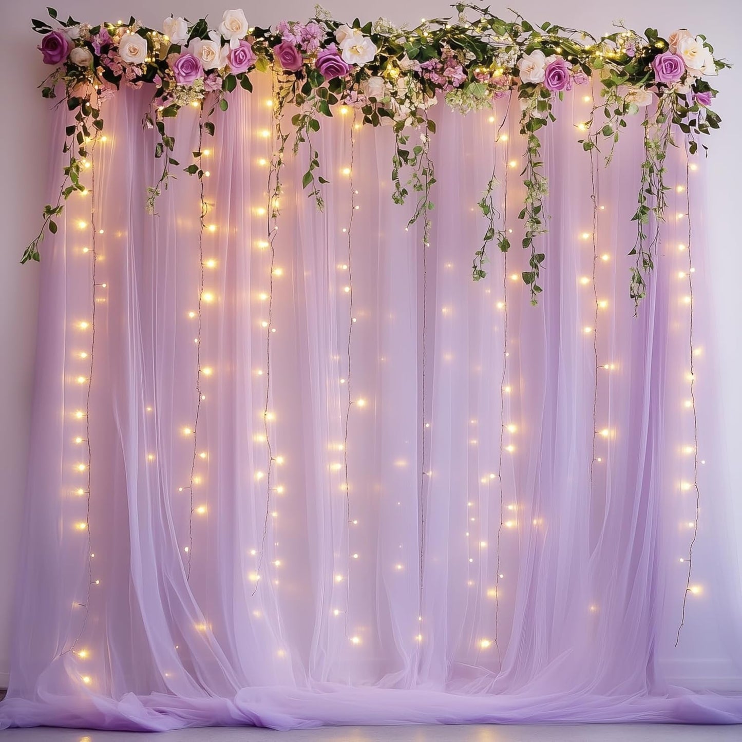 Fomcet Tulle Backdrop Curtains with Lights String White 10FT X 8FT Sheer Curtain with Lights Tulle Curtains Backdrop for Wedding Birthday Party Baby Shower Photo Shoot (2 Panels 5x8FT)