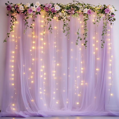Fomcet Tulle Backdrop Curtains with Lights String White 10FT X 8FT Sheer Curtain with Lights Tulle Curtains Backdrop for Wedding Birthday Party Baby Shower Photo Shoot (2 Panels 5x8FT)