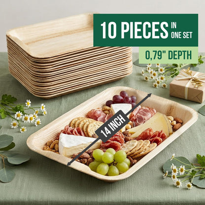 Palm Leaf Trays Disposable Bamboo Like Serving Platters 14" x 10" - Heavy Duty Charcuterie Boards Eco-Friendly Dinnerware for Parties, Weddings, Catering, Events (10 Pack)