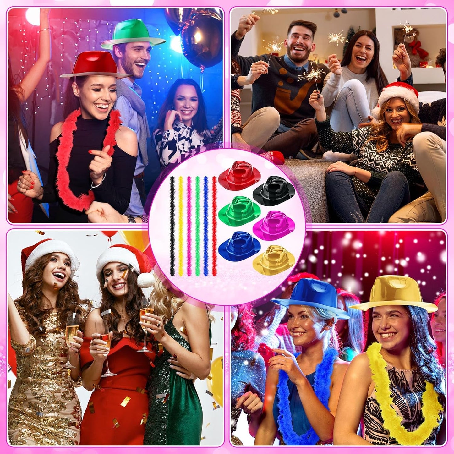 JaGely 48 Pieces Neon Party Supplies 24 Neon Gangster Hats 24 Pcs Feather Boas for Wedding Glow Party Supplies Birthday Props