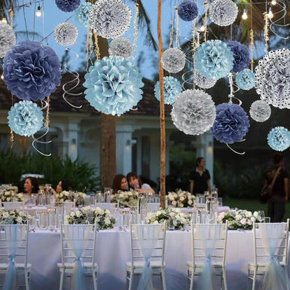 Tissue Paper Pom Poms - 23 PCS Dusty Blue Paper Flowers Pom Pom Kit Circle Dot Party Banner Hanging Swirl Party Decorations for Wedding Birthday Baby Shower Bridal Shower Tea Party